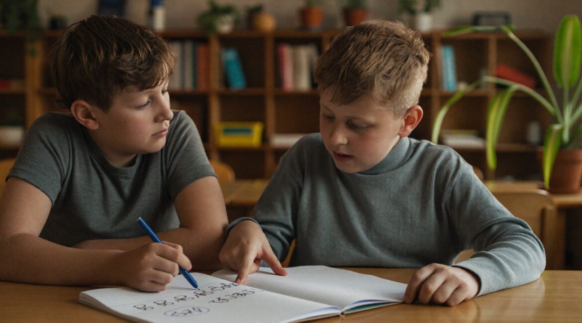 współpraca uczniów w klasie — dwoje dzieci wspólnie planuje rozwiązanie zadania