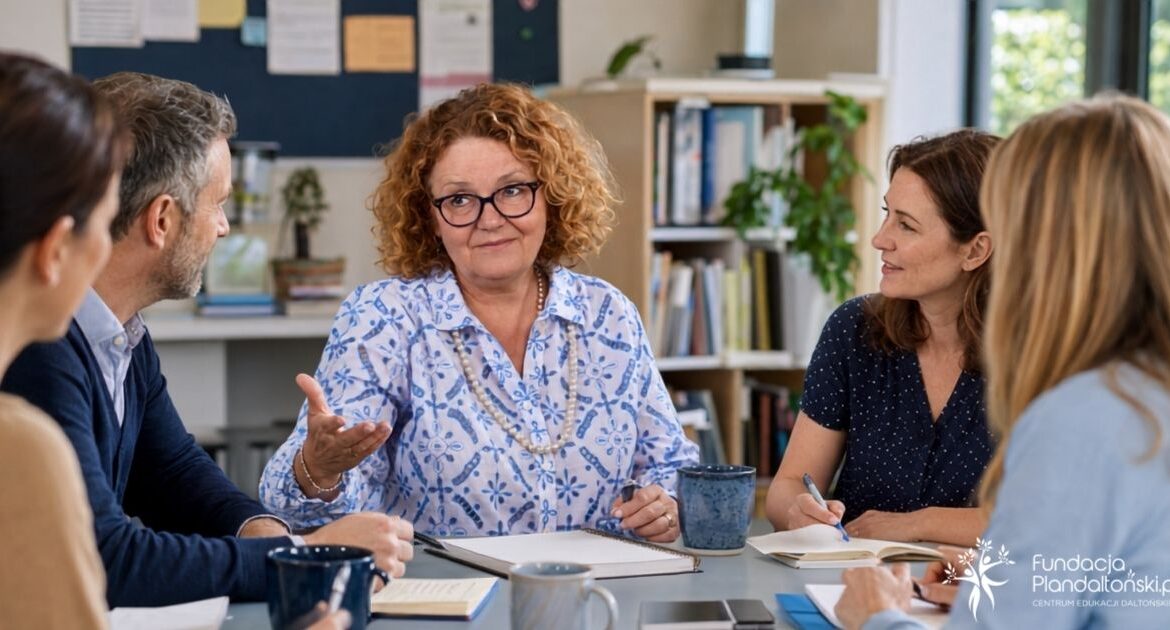 dyrektor szkoły rozmawia z nauczycielami na radzie pedagogicznej