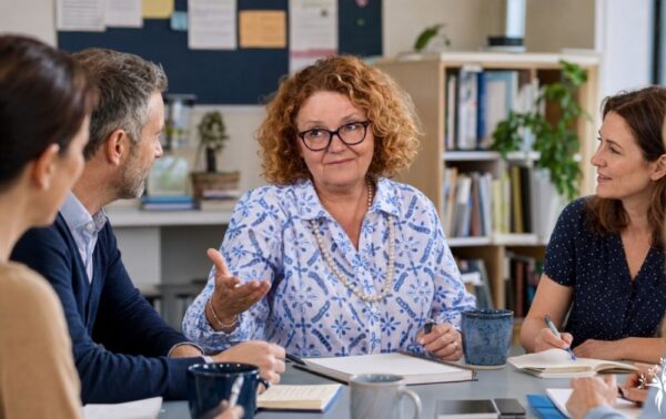 dyrektor szkoły rozmawia z nauczycielami na radzie pedagogicznej