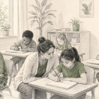 kiedy nauczyciel powinien pomóc uczniowi — nauczycielka pochylona przy stoliku ucznia podczas cichej pracy własnej w klasie